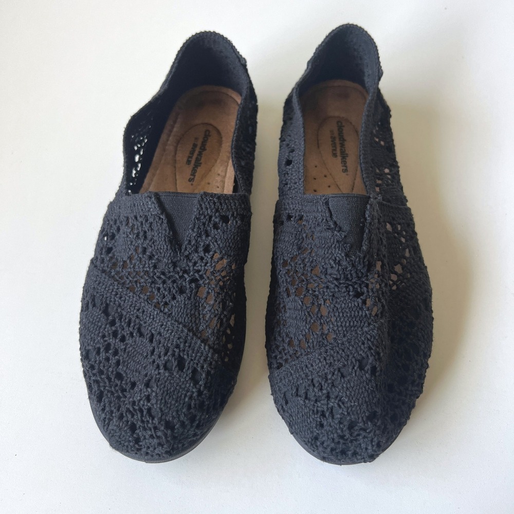 Cloudwalkers Black Crochet Knit Slip On Flats Comfort Shoes 7W - Picture 2 of 9